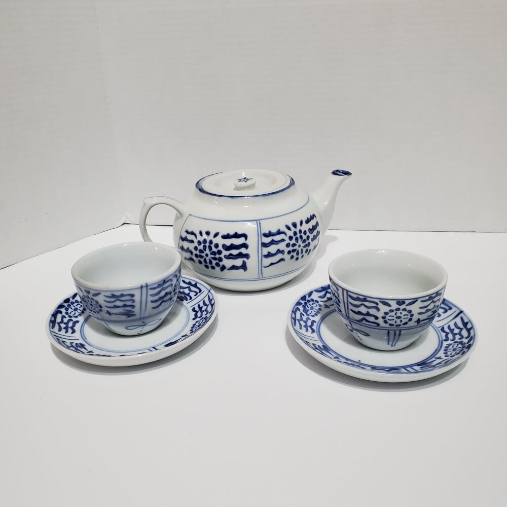 Vintage Blue & White Porcelain Zhongguo Zhi Zao Teapot Set